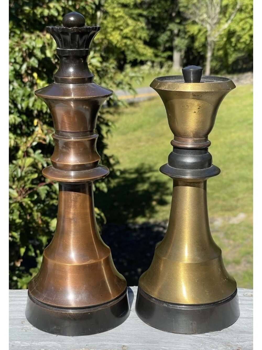 Pair of Vintage Brass Metal Oversized King & Queen Chess Piece Regency Sculpture